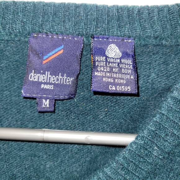 Vintage Daniel Hechter Paris Wool Sweater Men’s M Dark Green V-Neck Classic 90s - Picture 2 of 2